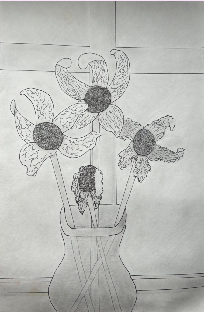 A pot of four flowers on a windowsill, each in a different stage of wilting. 